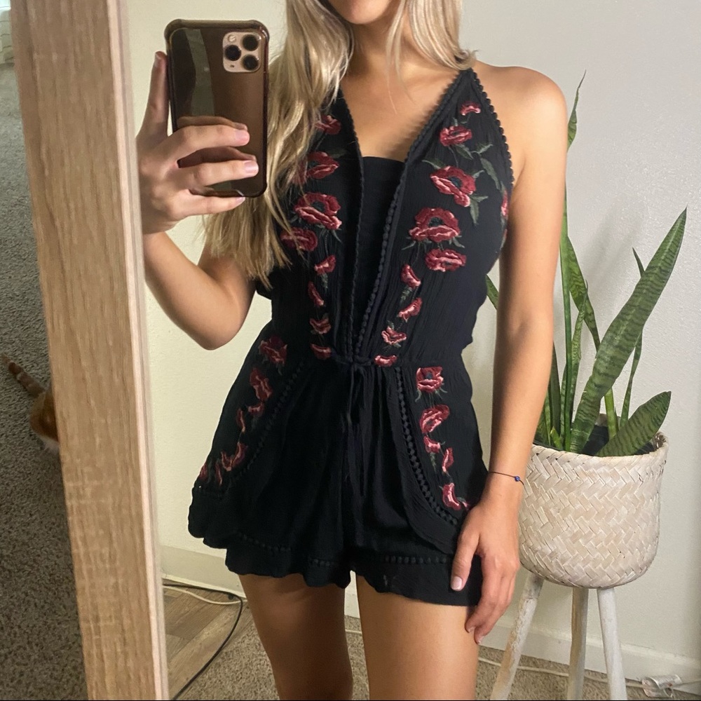American Eagle black romper with red flowers embroidery halter neck